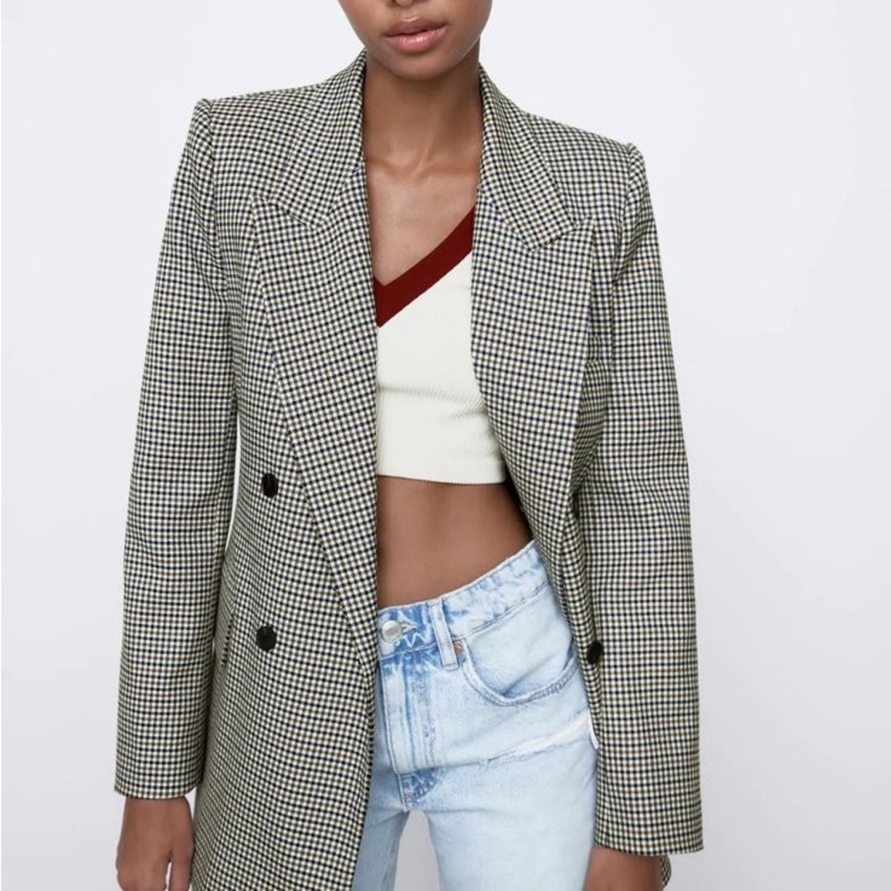 ZARA Houndstooth Checkered Plaid Blazer Jacket Lightweight Medium Holiday